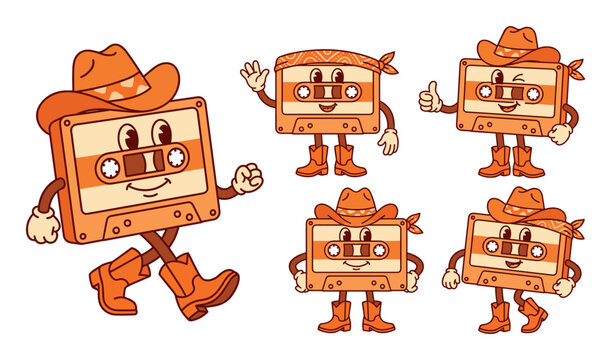 Groovy music mascot illustration with cassette walkman cowboy boot and sunglasses for playful apparel in vintage cartoon style