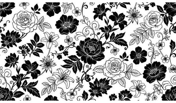Bold black and white floral seamless pattern with roses, peonies, lilies, and leaves in silhouette design