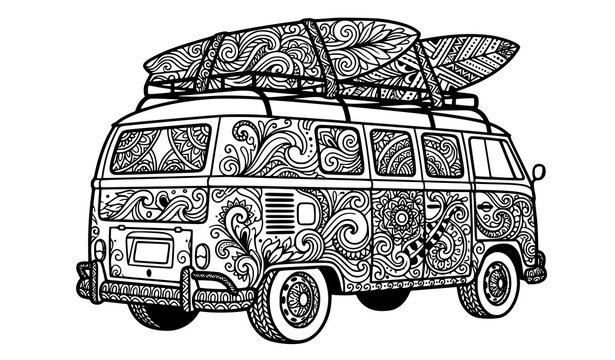Zentangle mandala pattern illustration of vintage van with surfboards on roof rack, intricate doodle coloring page