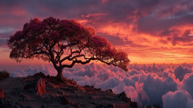 A sprawling tree bursts with pink blossoms as the sun sets over a sea of fluffy clouds