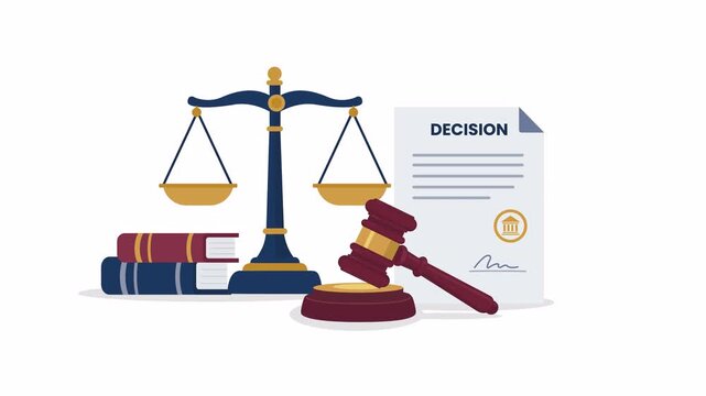 Flat 2D legal decision illustration featuring balance scales, gavel and decision document with clean vector motion design, alpha channel and transparent background.