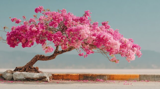 A vibrant bonsai tree bursts with pink flowers against a desert-like landscape