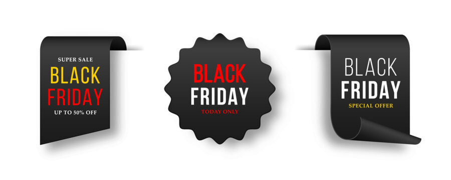 Black Friday badges and sale tags with special offers and discount messages.