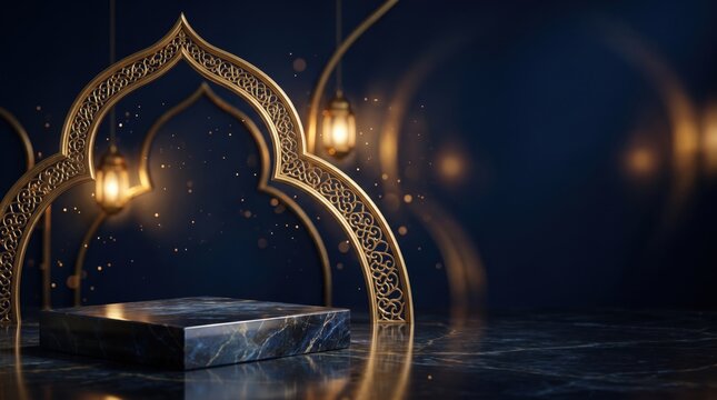 Dark marble pedestal with golden islamic arch and hanging lanterns