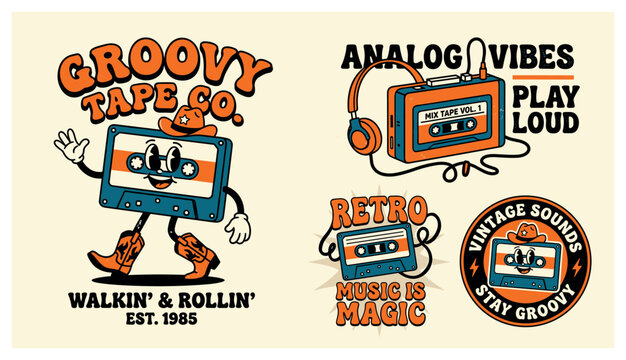 Groovy cassette mascot illustration with walkman cowboy boot sunglasses tape for music branding in bold vintage cartoon style