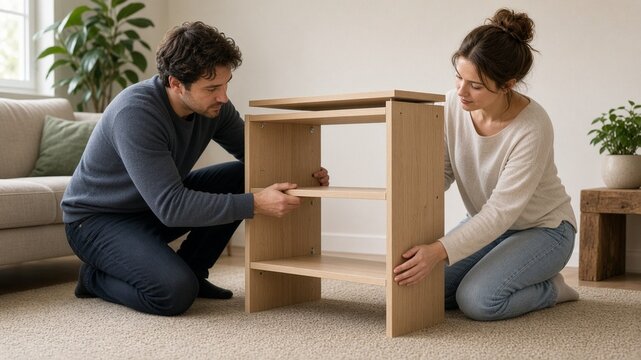 Assembling flat-pack bookshelf in living room