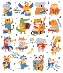 Fototapeta premium Cute animal musicians playing different instruments with music notes and cheerful lettering. Flat vector illustration featuring a fun animal band, perfect for childrens products, posters, cards