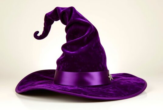 Purple velvet witch hat with curled brim and satin band