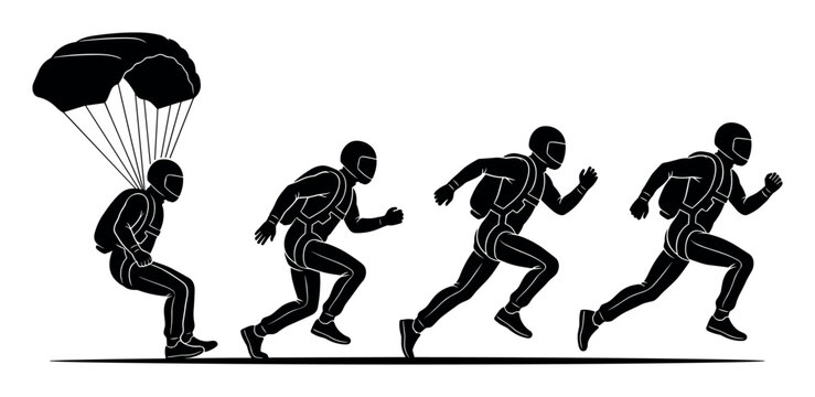 Parachuting and running motion vector illustration with parachute athletes and sprinting for sports marketing in bold silhouette style