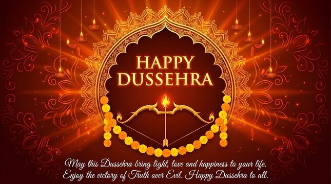 Greeting card with bow for Navratri festival with hindi text meaning Dussehra (Hindu holiday Vijayadashami). Vector illustration