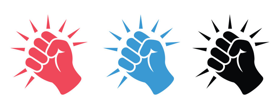 Fist Hitting Outline Icon featuring knocking hand gesture, impact motion lines, red, blue, and black styles, contact action, and simple pictogram vector