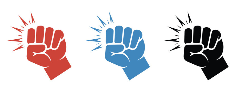 Fist Hitting Icons featuring knocking hand gestures, impact lines, red, blue, and black variations, striking action, and communication symbols vector
