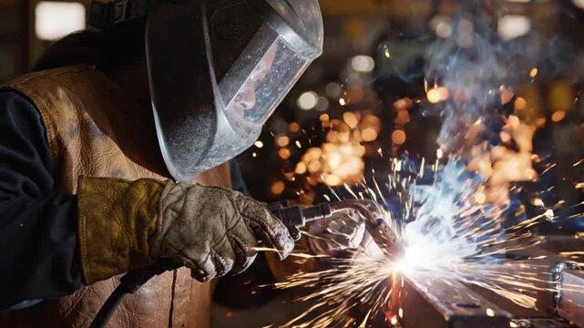 Welder using torch on metal in industrial workshop with sparks
