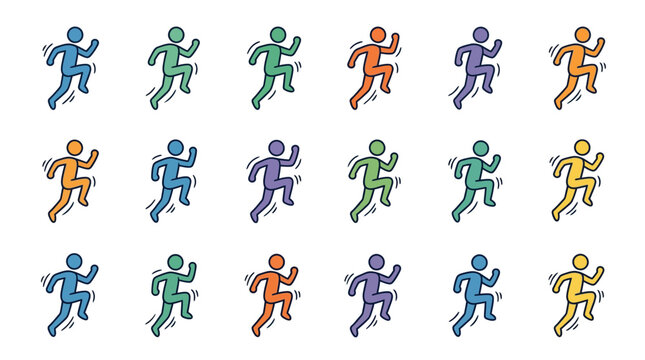 Set of colorful hand drawn running stick figure icons showing active motion.