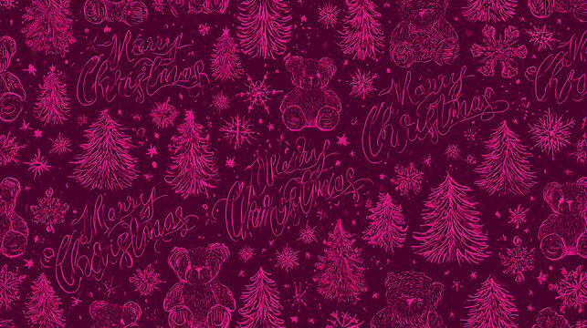 Festive christmas pattern featuring sketched pine trees teddy bears and handwritten lettering on a magenta background