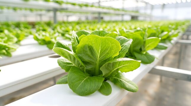Fresh green romaine lettuce growing in a modern hydroponic vertical farm system within a bright greenhouse environment for sustainable agriculture and food security concept.