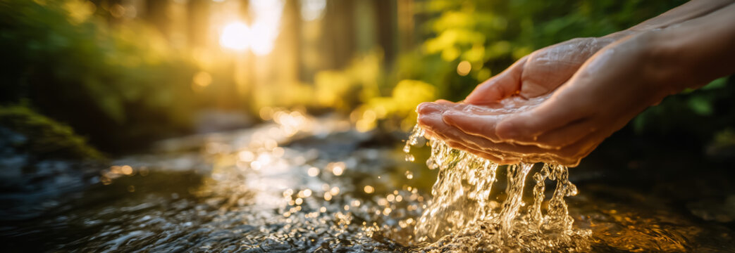 Cupped hands lift flowing water from a sunlit forest stream