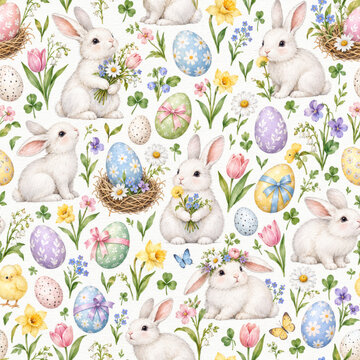 Easter 001 Easter Seamless Pattern with White Rabbits, Painted Eggs, and Spring Flowers（白うさぎとイースターエッグと春の花のシームレスパターン）