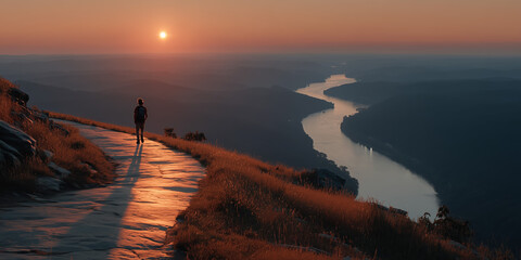 Fototapeta na wymiar Lone walker on a hilltop path above a winding river