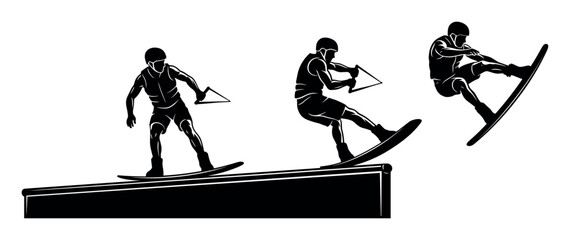 Obraz premium Boarding and freestyle vector illustration with athletes boards and ramp for marketing in monochrome style