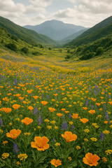 Obraz premium Orange wildflowers cover a green valley between mountain slopes