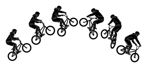 Fototapeta premium BMX cycling and adventure sport illustration with bicycles riders and jumps for presentation in silhouette style
