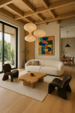 Living room with sculptural chairs beneath a wooden coffered ceiling