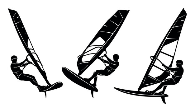 Windsurfing and sailing vector illustration with riders sails and boards for marketing in monochrome silhouette style
