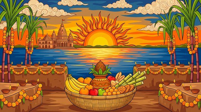 A vibrant chhat puja illustration depicts traditional offerings and a scenic riverside temple backdrop chhatpuja festival hindu ritual offering ... See More