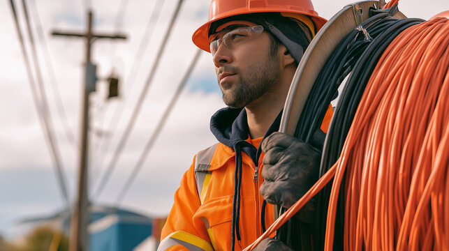 Utility Worker in Hard Hat with Cables &ndash; Industrial Safety and Power Grid