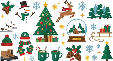 Naklejka premium Christmas Winter Holiday Illustration Collection with Snowman, Reindeer, Christmas Tree, Gifts, Skates, Sled, Snowflakes, Ornaments, and Cozy Decorations