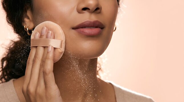 Close up of a young woman applying foundation to her face with a soft makeup powder puff