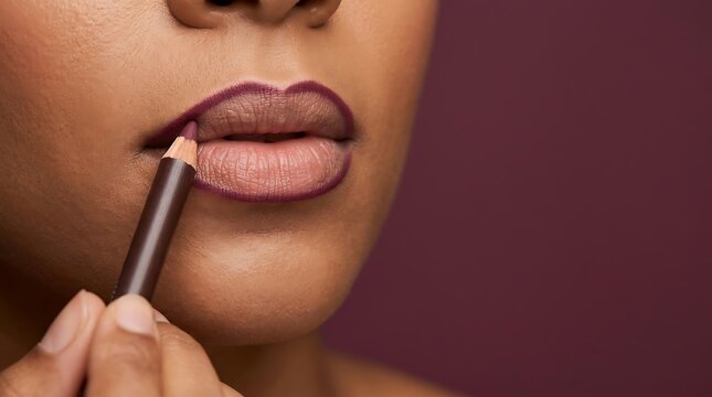 Close up of a woman applying dark lip liner to define her lips for a professional makeup look
