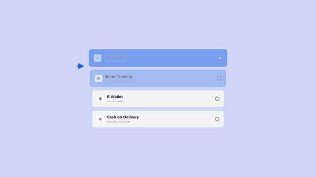 Payment method selection interface design with blue highlights