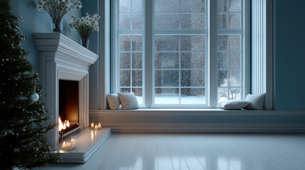 Obraz premium Cozy winter living room with fireplace, large window, candles, cushions, and snow outside, peaceful atmosphere