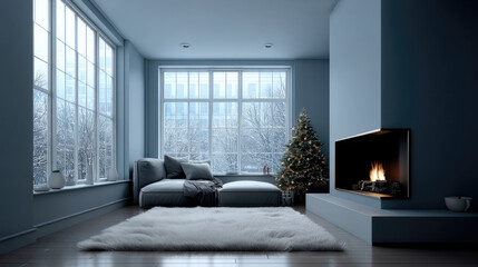 Obraz premium Cozy winter living room with large windows, modern fireplace, soft rug, decorated Christmas tree, peaceful mood