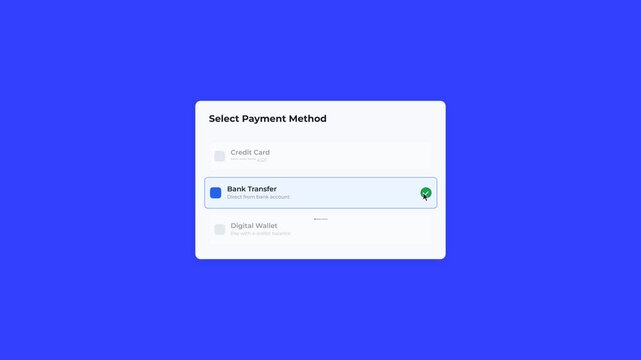 Digital payment interface animation showing bank transfer selection