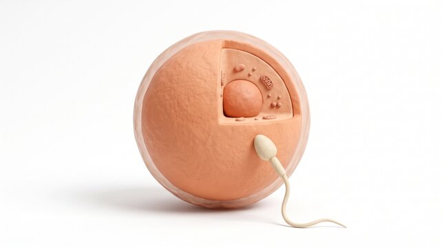 Fertilization Concept in 3D: Sperm Cell Reaching Egg Cell Cutaway on White Background