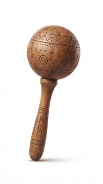 A handcrafted wooden maraca with intricate carved patterns, showcasing traditional artistry and cultural heritage in a simple, isolated studio shot