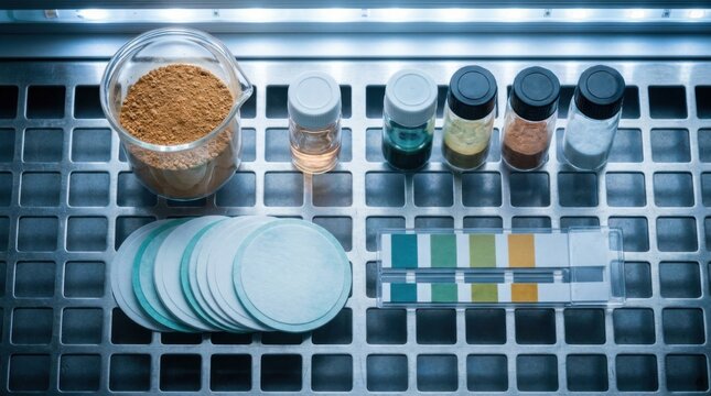 Rare earth extraction laboratory setup with oxide concentrate beaker, filter membranes, ph strips and sample vials on lab table