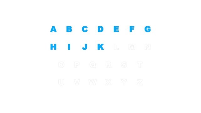Blue alphabet letters appearing sequentially on white background