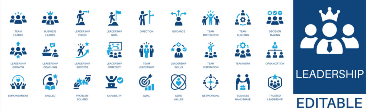 Leadership and teamwork solid icon set. Featuring vision, goal, motivation, decision, and growth. Editable vector glyphs for HR management and strategy.