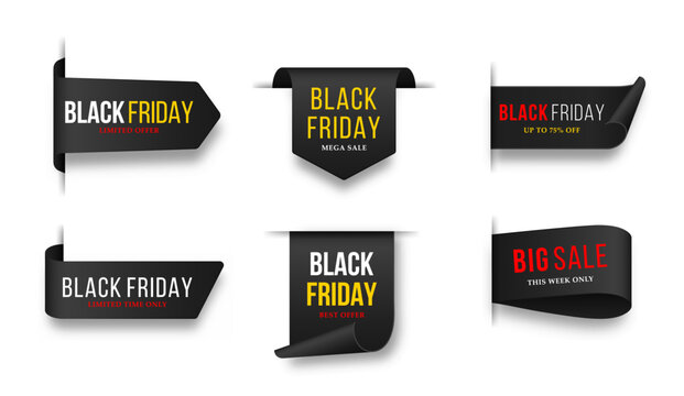 Black Friday promotional tags with discount offers and retail sale messaging.