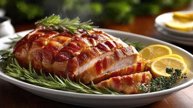 Bacon wrapped roast, juicy meat, fresh rosemary, lemon slices, aromatic herbs, savory, delicious meal