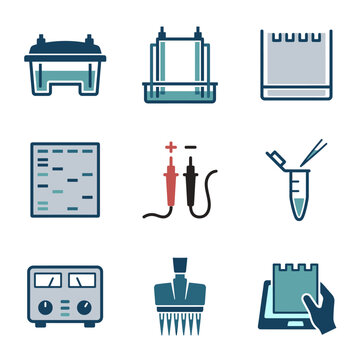 Gel electrophoresis laboratory equipment vector icons set for scientific research and dna analysis.