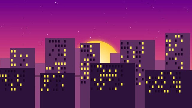 Animated Retro Synthwave Neon City Sunset Futuristic Skyline Loop Motion Graphic Loop Featuring Modern Design Elements for Digital Media and Corporate Presentations