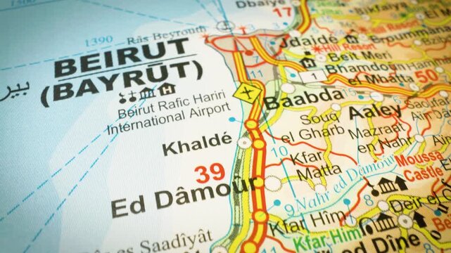 road routes to beirut, lebanon &ndash; gliding view across detailed atlas map