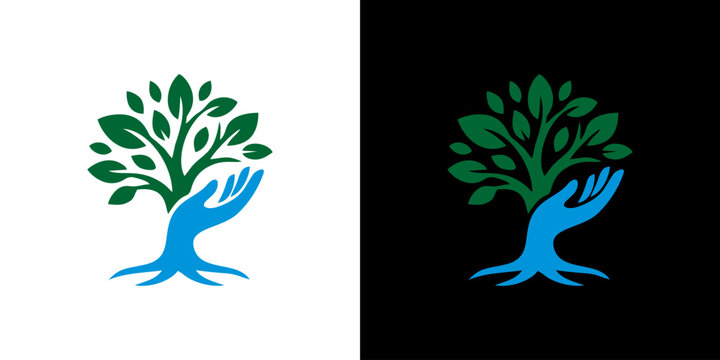 Logo design featuring a vibrant green tree growing out of a blue caring hand with roots against white and black backgrounds for ecology and nature concepts