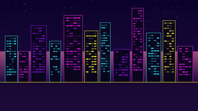 Animated Retro Synthwave Neon City Sunset Futuristic Skyline Loop Motion Graphic Loop Featuring Modern Design Elements for Digital Media and Corporate Presentations