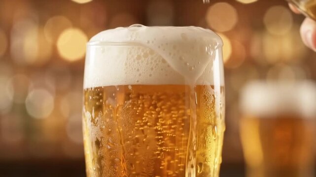 Frosty glass pours golden amber beer topped with a creamy white head, tiny bubbles rising against the warm bokeh glow of a lively pub